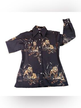 Evan-Picone I Magnin Vintage Women’s 6 Black Lion Print Button Up Blouse Shirt